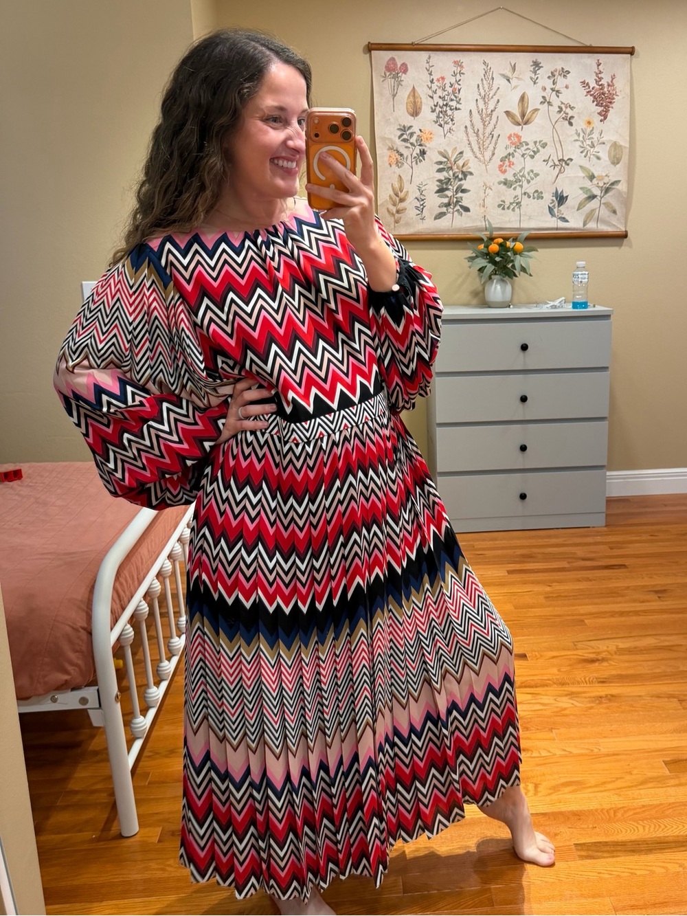 Boden RARE Pleated Multicolor Zigzag Long Sleeve Maxi Dress 12R